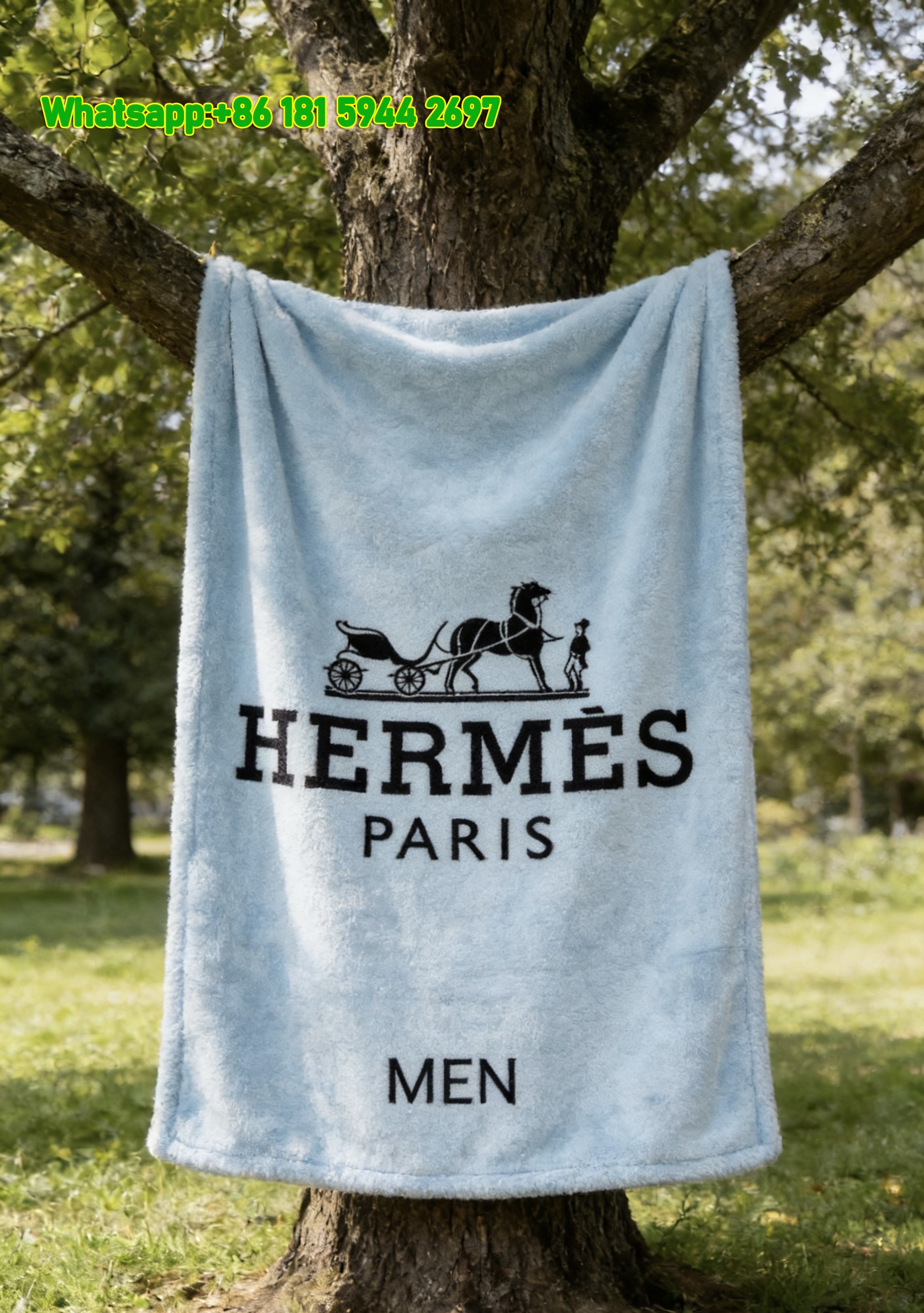 Hermès Men Light Blue Horse Carriage Flannel Fleece Throw Blanket IMG_4960
